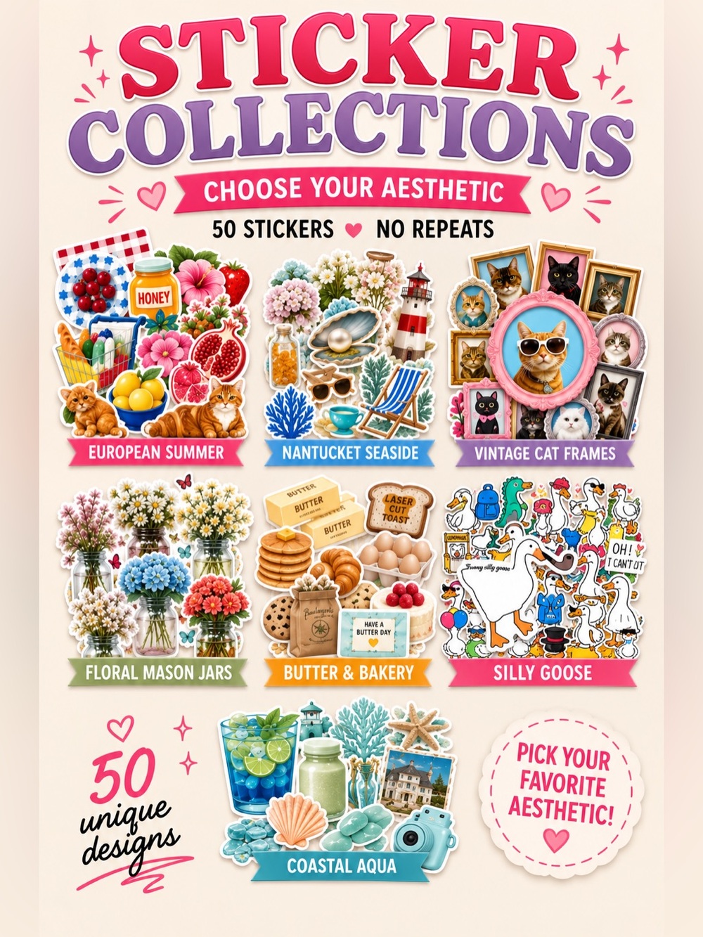Aesthetic Sticker Collection Quantity 50 - No Repeats! Choose Designs!